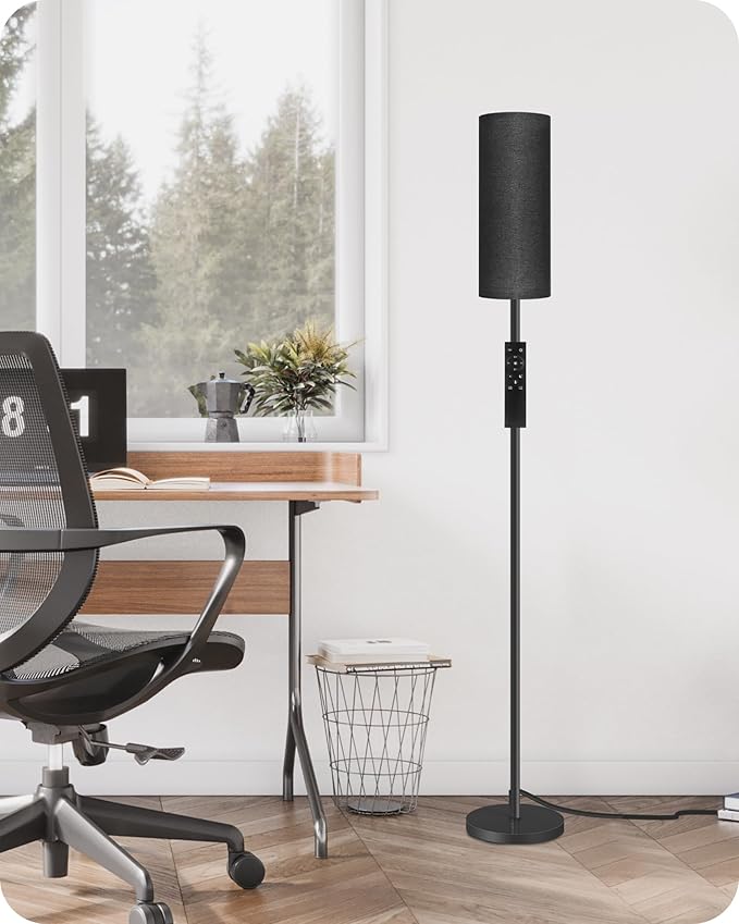 Dimmable Black Floor Lamp for Living Room with Remote and Foot Switch, Corner Floor Lamp for Bedroom, Modern Standing Tall Lamp, 10W 900LM Bulb Included, 3000K-6500K, Linen Shade, FCC Listed B06LD05W1