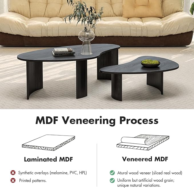Black Nesting Coffee Table Set of 2 – Cloud/Mango Shaped Wood Grain Veneer Top with Fluted Solid Wood Legs, Space-Saving End Tables for Living Room