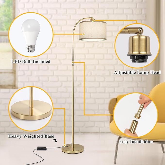 LED Floor Lamp Fully Dimmable Modern Standing Lamp Arc Floor Lamp with Adjustable Drum Shade, Tall Pole Reading Lamp Light for Living Room Bedroom Study Room, Bulb Included