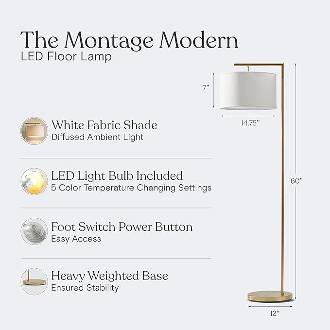 Brightech Montage Modern Floor Lamp - LED Standing Lamp with White Shade and Adjustable Color for Living Rooms & Offices - Tall Corner Bedroom Reading Light for Contemporary Home Decor - Antique Brass