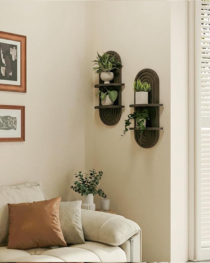 Bamworld Boho Wall Decor 2pcs Plant Wall Shelf, Mid Century Modern Decor Hanging Plant Shelf, 2-Tier Wooden Floating Shelves for Home, Bathroom Bedroom Living Room, Office Planter Decoration Walnut