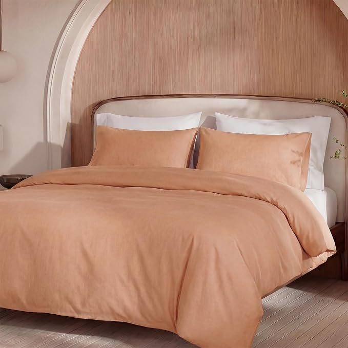100% Washed Cotton Duvet Cover Queen Size – Burnt Orange, Linen-Like Texture, Super Soft & Breathable Bedding Set, 3-Piece Durable Percale Comforter Cover