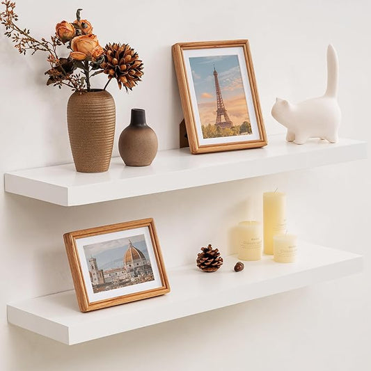 Fun Memories Farmhouse Floating Shelves - 8 Inch Deep Rustic Wood Wall Shelf - Premium Solid Pine Wood Storage Shelf for Kitchen Living Room Bedroom - 30" W x 8" D - Set of 2 - White
