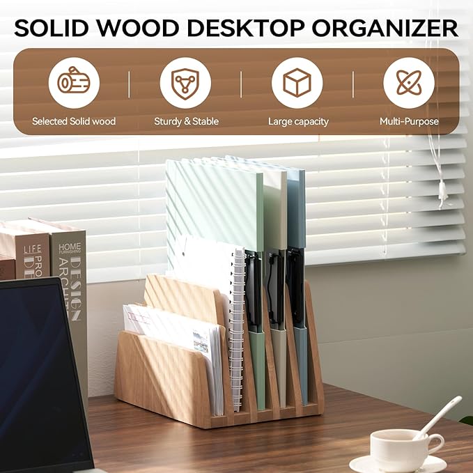 KIRIGEN Wooden Desk Mail Organizer, 5-Slot File Holder and Letter Sorter for Mail, Folders, Bills, Papers, Notebooks, Home Office, Classroom, Countertop, No Assembly, Natural 5KWJJ-NA
