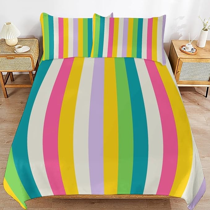 Rainbow Duvet Cover Set, Rainbow Lines Pattern Spectrum of Colors Abstract Art Decorative，Aesthetic Abstract Art Bedding 3 Piece (1 Duvet Cover 86"x70" + 2 Pillow Sham 20"x30")