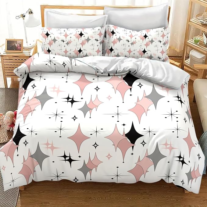 Mid Century Comforter Set for Girls,Modern Pink Grey Abstract Atomic Geometric Pattern Retro 1950s 1960s Style Bedding Set with Pillowcase for Bedroom Bed Decor,Full 79"x90"