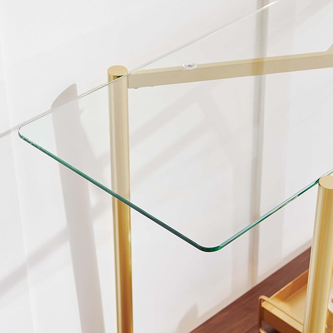 Rectangle Glass Console Table, Mid-Century Modern Design, L41*W14*H32 inch, for Living Room, Clear Glass Top and Walnut Finish Wood Shelf, Conical Metal Legs with Gold Finish
