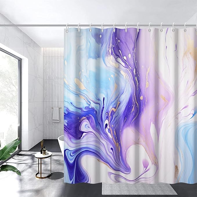 Purple Shower Curtain, Ombre Purple and Blue Marble Shower Curtain for Bathroom Waterproof Abstract Shower Curtain Set with Hooks, 72x72 Inch