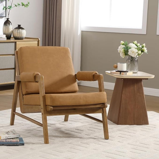 CIMOTA Mid Century Modern Accent Chair, Leather Upholstered Living Room Chairs with Arms, Comfy Reading Chair with Solid Wood Frame, High Back for Bedroom, Waiting Room, Office, Brown