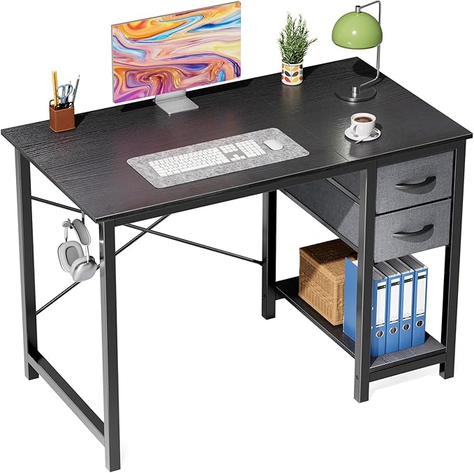 Sweetcrispy 40 Inches Computer Desk with Drawers Home Office Writing Table X-Shaped Reinforcement Modern Work Surface Side Hook Sturdy Metal Frame Large Space Storage Organization Black