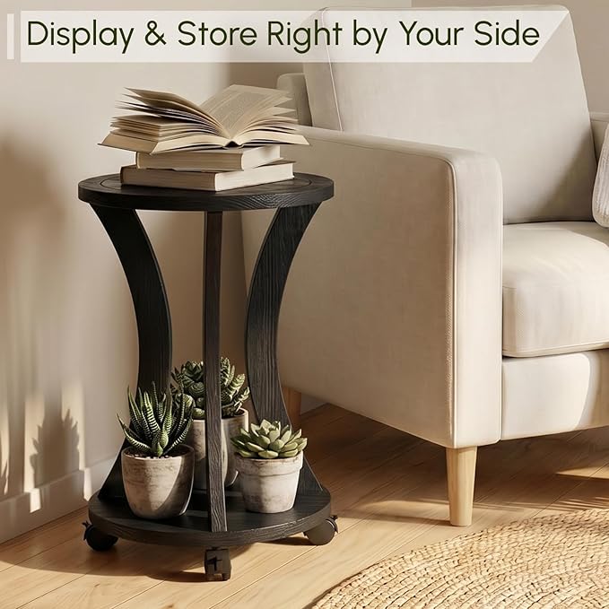2 Tier Wooden Plant Stand Indoor with Wheels – Tall Plant Stand for 6-12 Inch Pots, Mid-Century Modern Rustic Plant Table Indoor, Pedestal Stand for Corner, Living Room, Balcony, Black