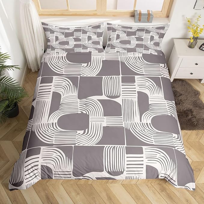 Erosebridal Mid Century Teens Duvet Cover 3 Piece Bohemian Ethnic Bedding Set Full Size Boho Geometric Comforter Cover for Kids Boys Adult Bedroom Modern Simple Gray Stripes Bed Sets