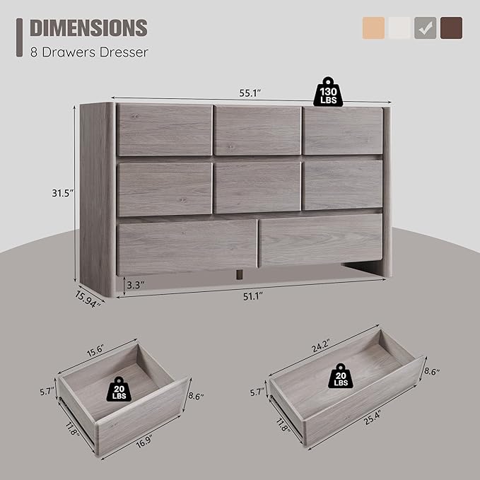 Modern 8 Drawers Dresser for Bedroom, 55" Wide Dresser w/Large Storage & Rounded Corner, Wood Handleless Chests of Drawers w/Natural Texture for Bedroom, Hallway, Living Room-Light Grey