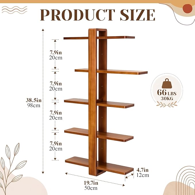 Pinkunn Floating Shelves for Wall, 5 Tier Wall Mounted Shelf Unit with 19.7 Inch Pine Wood Shelves and Walnut Frame, Decorative Plant Photo Book Display Shelf for Living Room Bedroom Bathroom