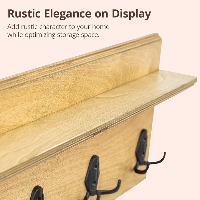 Rustic Wall Mounted Coat Rack with Shelf Wooden Entryway Organizer with 5 Metal Hooks for Coats Hats Towels Keys Floating Storage Shelf for Bathroom Bedroom (Jade, 40 inch (7 Hooks))