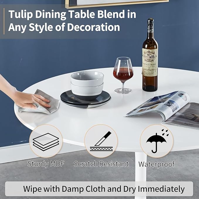 42 Inch White Round Dining Table for 4-6 Person,Modern White Tulip Table,Mid-Century Leisure Table Kitchen Dining Table with MDF Tabletop and Pedestal Base for Home Kitchen