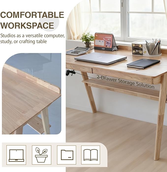Mid-Century Rubberwood Desk 39 Inch, Solid Wood Computer Desk with 2 Drawers & Side Hooks, Home Office Writing Workstation