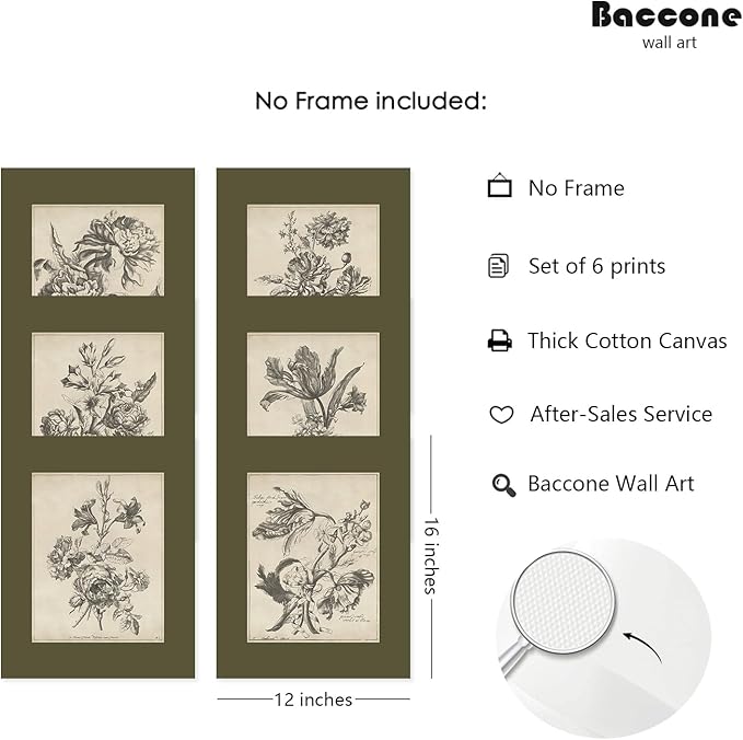 Vintage Floral Wall Art Sketch Flower Prints Antique Botanical Canvas Wall Art Decor Vintage Etchings Floral Poster Green Botanical Painting Sage Green Artwork for Bedroom 12x16x6 Inch Unframed