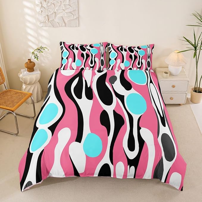 Erosebridal Mid Century Modern Abstract Duvet Cover Set Vintage Geometric King Bedding Set for Adult Men Contemporary Organic Shapes Comforter Cover Squiggle Blob Bed Sets,Pink Turquoise