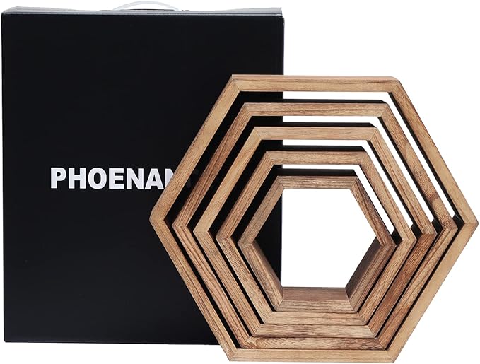 Hexagon Shelves for Wall,Hexagon Floating Shelf Set of 5,Honeycomb Shelves Octagon Hanging Cube Rustic Wood Wall Mounted for Living Room Bedroom Kitchen Bathroom Office Home Decor（Carbonized Brown）