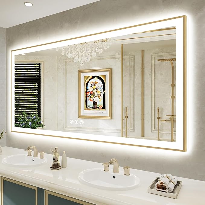 72x36 Inch LED Bathroom Mirror with Lights (Front Lit and Backlit) Gold Framed Lighted Vanity Mirror for Bathroom Wall Dimmable Anti-Fog Memory Tempered Glass Horizontal/Vertical