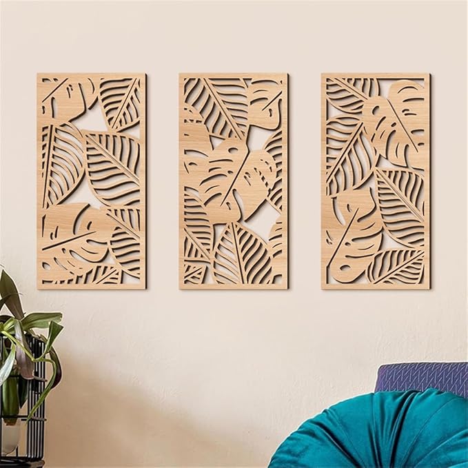 3 Pcs Tropical Leaf Wood Wall Art Decor, Wooden Palm Leaves Wall Hanging Decor, 3D Hollow Carved Craft Art Set, Boho Abstract Wall Sculptures Panels Decoration for Home Living Room Bedroom Kitchen (A)