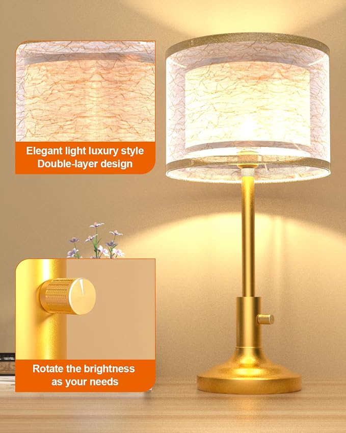 Lightdot Mid Century Table Lamp for Bedroom, Vintage Gold Dimmable Table Lamp with 2-Layer Lampshade, Farmhouse Bedside Lamp Nightstand Light for Living Room(Bulbs Included)