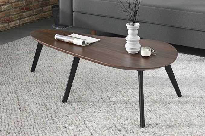 Inmod Kidney Shaped Coffee Table, Walnut/Black Mid Century Modern Coffee Table