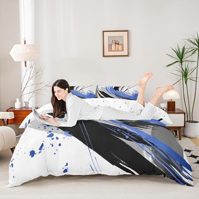 Erosebridal Black and Blue Kids Bedding | Modern Geometric Striped Duvet Cover for Boys Girls Contemporary Watercolor Graffiti Bed Set Boho Minimalist Aesthetic Art Bed Cover King 3 Pieces