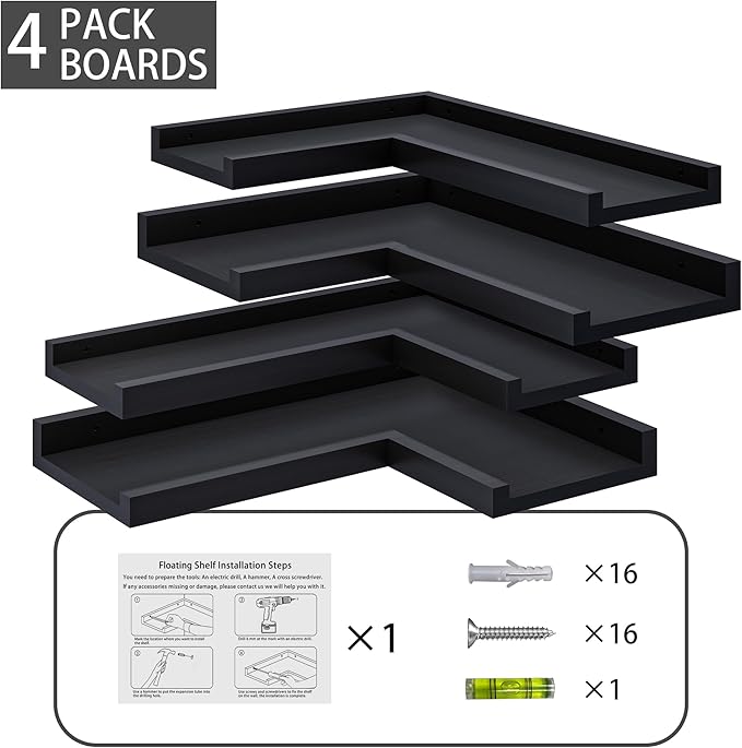 4-Tier L-Shaped Pine Wood Wall Shelf - Floating Corner Shelves with Lip, Black, Modern, Living Room, Bedroom, Bathroom Storage