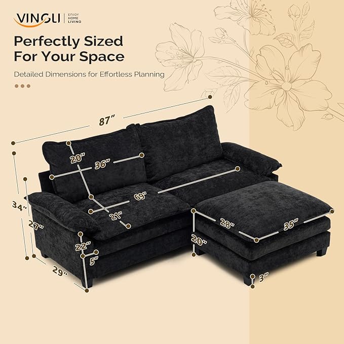 VINGLI 87" Convertible Sectional Sofa,L-Shape Deep Seat Sofa Couch for Living Room,Modern Chenille 2 Seat Loveseat Sofa with Ottoman for Small Space(Black, 87")