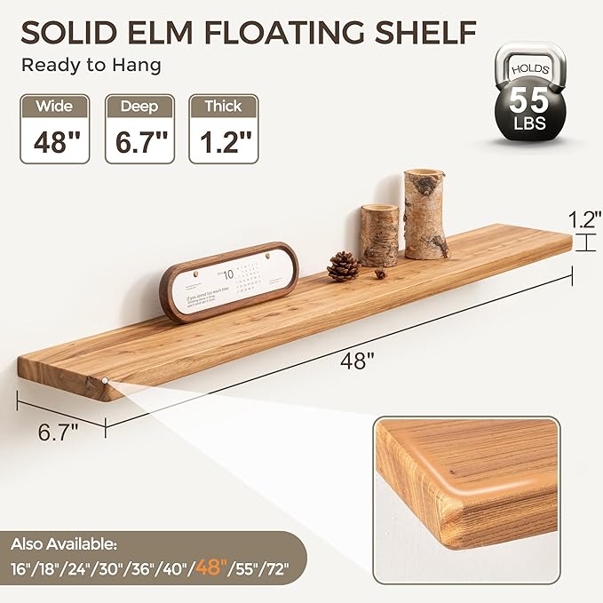 Fun Memories 48 Inch Floating Shelves for Wall, Solid Elm Wood Wall Shelf for Home Decor, Heavy-Duty Hardwood Floating Shelf for Bedroom, Bathroom, Living Room, Set of 1