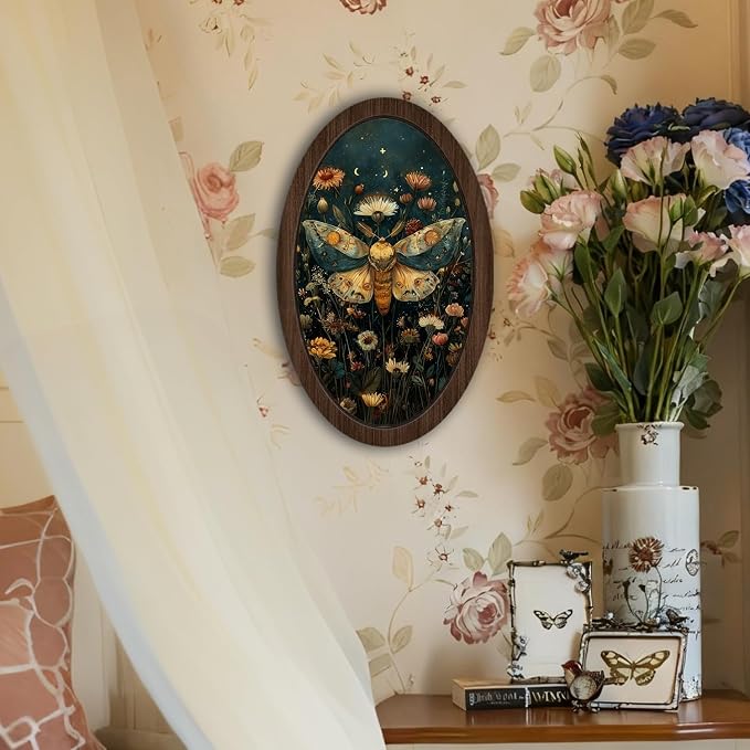 UYIKG Vintage Cottagecore Wall Art Decor,Moth Floral Oval Wall Decor,William Morris Moth Cottagecore Oval Wooden Framed Decorations for Theme Room Home Bedroom Living Room 9x14.6 in