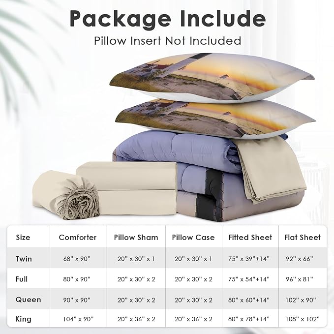 5Pcs Comforter Set Twin Size, Coastal Lighthouse Michigan Beach Lake, Bed Decor Sea Ocean House Sunset Seascape Bedroom Bedding Set Flat Sheet Fitted Sheet Pillowcases for Kids and Adults