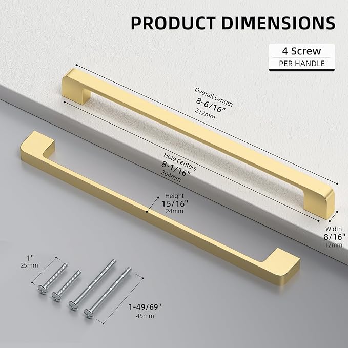 25 Pack 8-1/16 Inch Brushed Gold Cabinet Pulls Solid Zinc Alloy Gold Cabinet Handles - Brushed Brass Dresser Drawer Pulls for Kitchen Cabinet Hardware Zinc Alloy Handles