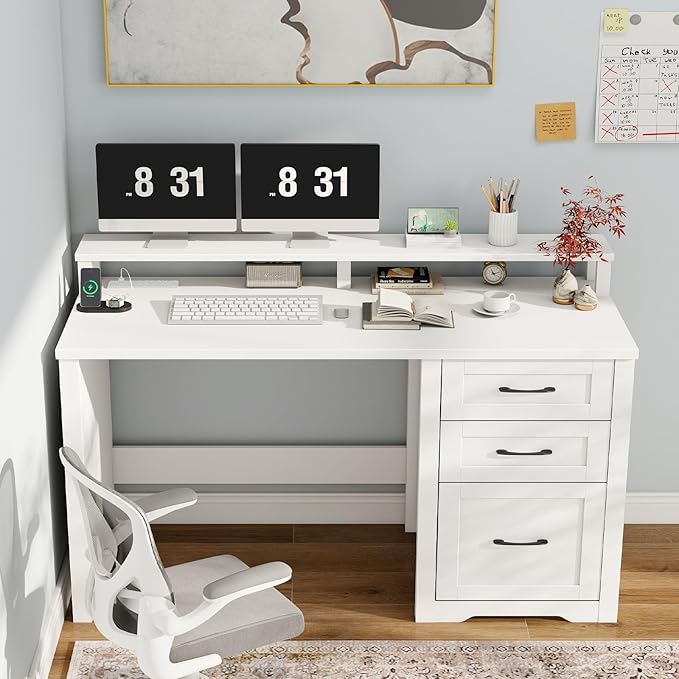 Vabches 47" Farmhouse Executive Desk with Monitor Stand & File Cabinet,3 Drawers Computer Desk with LED Lights and Power Outlets,Workstation for Home Office, Study,Writing.（White）