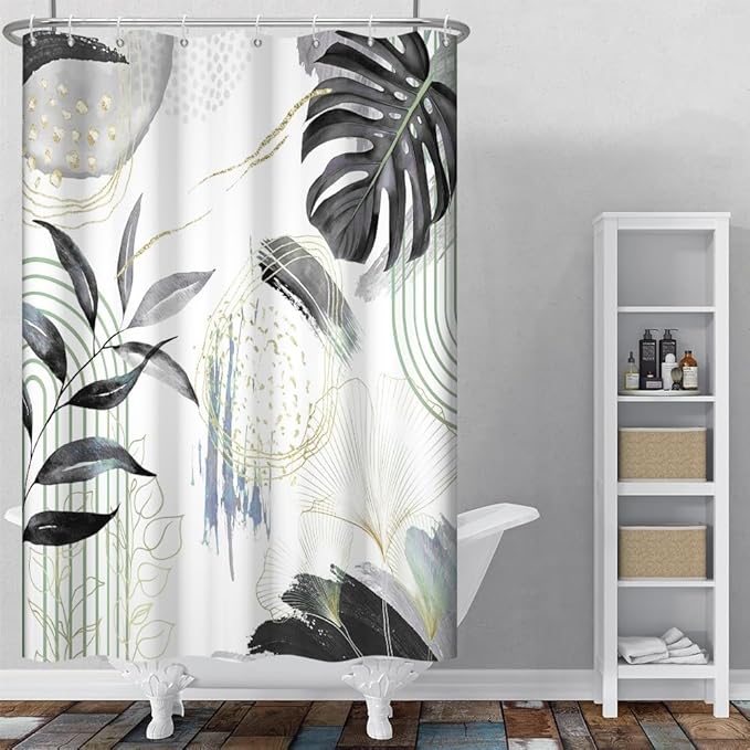 Mid Century Boho Shower Curtain Gray Tropical Palm Leaf Retro Abstract Minimalist Aesthetic Bathroom Decor Watercolor Plant Bathtub Curtains Washable Waterproof Polyester Fabric with Hooks 36x72 Inch