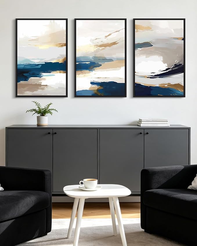 KUVIOKE Navy Blue Abstract Framed Canvas Wall Art Graffiti Shape Pastel Wall Decor Modern Minimalist Art Painting for Bedroom Living Room 16x24in (Black Framed)