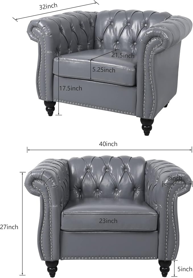 LEVNARY Leather Upholstered Armchair, Mid-Century Modern Single Sofa Chair with Rolled Arms and Nailhead, Tufted Pu Leather Chesterfield Chair for Home Bedroom Reading Room (Gray)