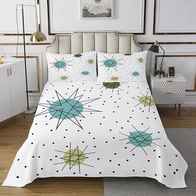 Erosebridal Geometric Polka Dots Bedspread King Size Modern Mid Century Quilt Set, Boho Minimalism Coverlet Set Hippie Atomic Bedding Set, 1950s Old Fashion Bed Cover Super Cozy 3pcs