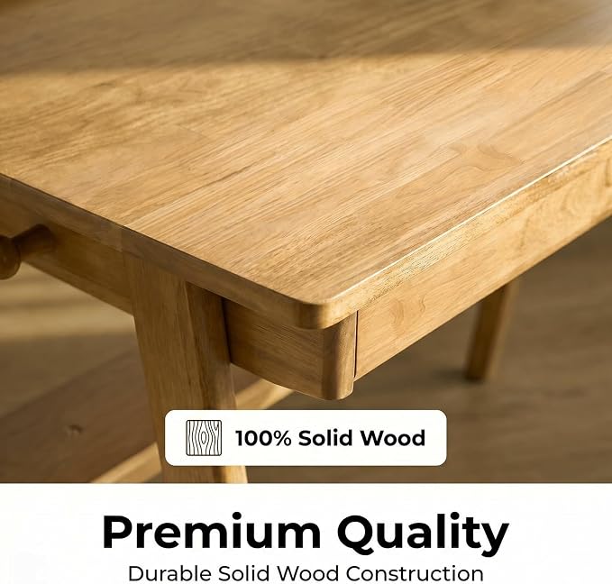 Solid Wood Writing Desk for Small Space, Mid Century Modern Computer Desk with 2 Drawers & Storage Shelf, Side Hooks for Home Office Bedroom, Wood
