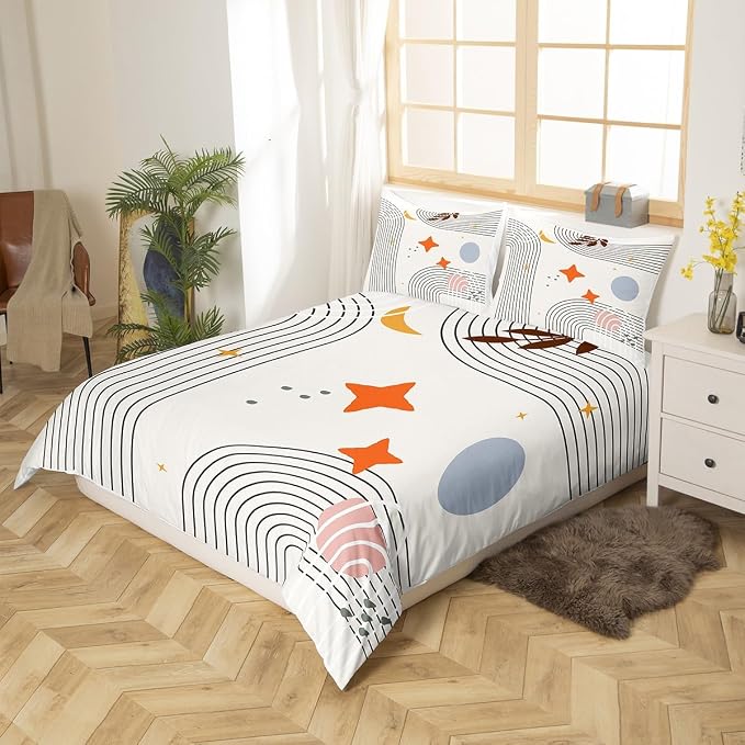 Erosebridal Abstract Red Sun Bedding Sets Full Geometric Lines Comforter Cover, Aesthetic Bed Set Vintage Minimalist Duvet Cover, Modern Quilt Cover Luxury Grey Circle Room Decoration (Zipper Closure)
