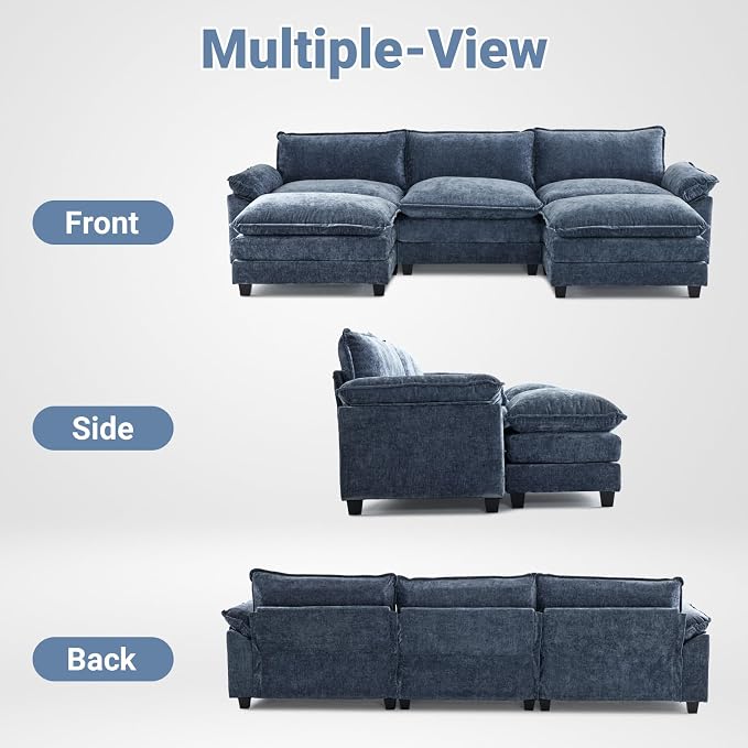 VINGLI 122" Cloud Navy Blue Convertible Sectional Sofa, Comfy U-Shape Extra Deep Seat Sofa Couch for Living Room,Modern Chenille 3-Seat Convertible Sofa with 2 Movable Ottomans for Small Space