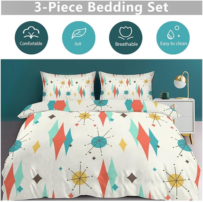 Mid Century Modern Bedding Set,1950s 1960s Vintage Abstract Atomic Stars Geometric Diamond Pastel Pattern Comforter Set with Pillowcase for Bedroom Bed Decor,King 102"x90"