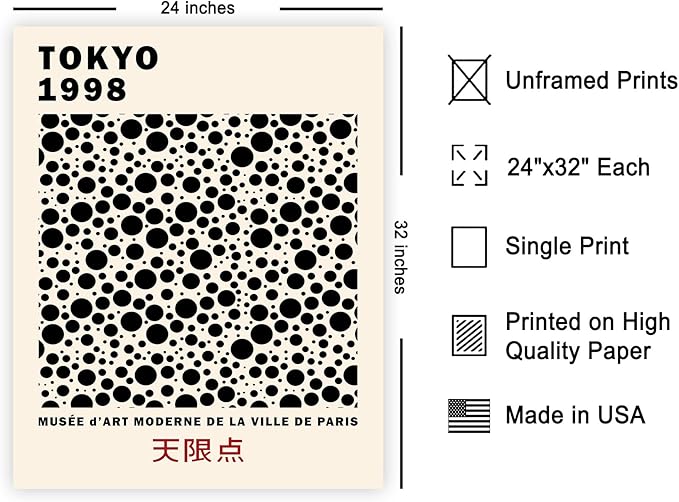 Poster Master Vintage Poster - Retro Pop Art Print - Gift for Artist, Friend - Black Dots, Tokyo, Ville de Paris, Modern, Abstract - Wall Decor for Home, Office, 24x32 Unframed Wall Art