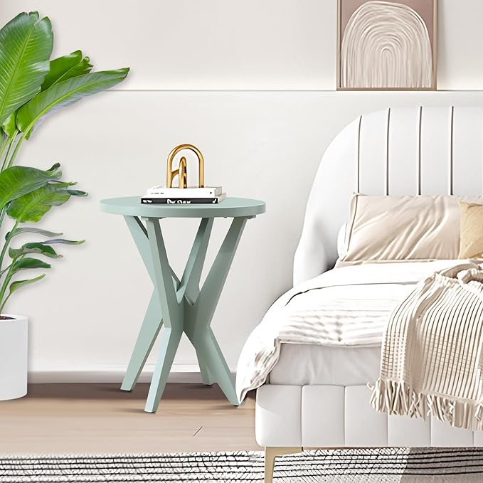 Modern Round End Table Set of 2 with Crossed Legs, Unique Small Green Side Table, Outdoor Accent Table, Easy Assembly Bedside Table for Living Room, Balcony, Small Spaces
