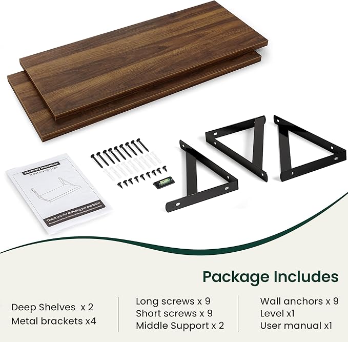 Floating Shelves, 12 Inch Deep Rustic Wood Wall Storage, 36W x 12D Wall Shelves Set of 2, Heavy Duty Metal Brackets, Large Industrial Book Shelf for Living Room, Kitchen, Bedroom, Walnut