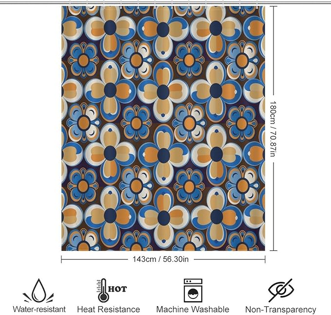 Bohemia Royal Blue Flowers Shower Curtain Mid Century Funky Retro Hippie 60s 70s Aesthetic Washable Waterproof Fabric for Bathroom Decor Bathtub with 12 Hooks 55x72in（140x183cm）