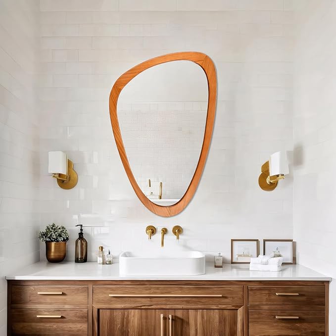 FUIN Asymmetrical Irregular Wall Mirror 30.5" x 19.5" – Solid Wood Frame Mid Century Modern Decor, Organic Pebble Shaped HD Glass for Bathroom Vanity, Bedroom, Living Room & Entryway (Teak Finish)