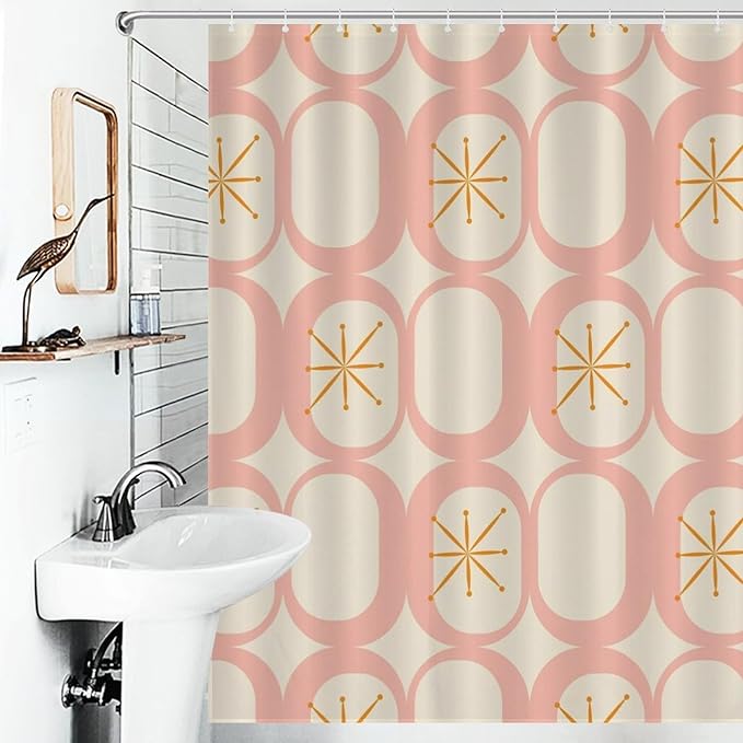 Retro 50S Shower Curtains Vintage Mid Century Aesthetics Modern Pink Beige Pattern Duty Fabric Shower Curtain Set Bathroom Polyester Waterproof with 12 Hooks, 66x72Inch（168x183cm）